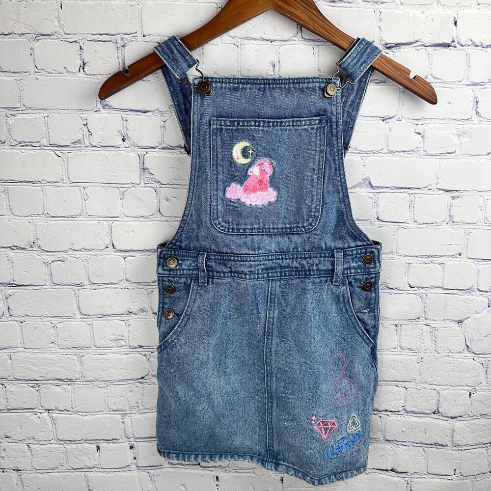 Disney Turning Red Denim Overall Dress Embroidered Patches Pink Panda 7/8 Medium